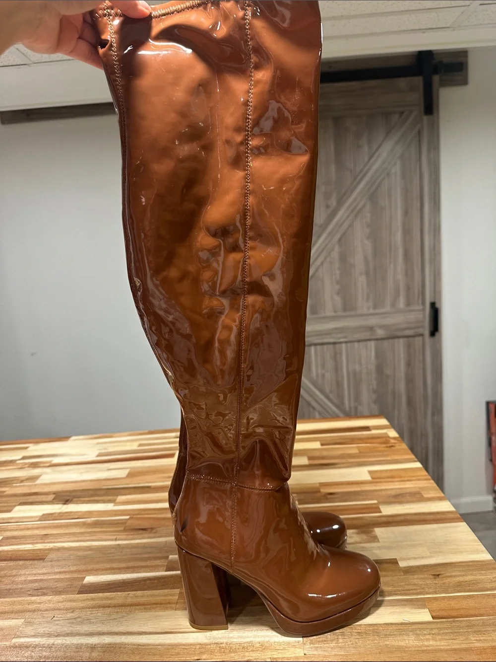 Steve Madden Patent Over-the-Knee Platform Boots in Cognac Brown 470